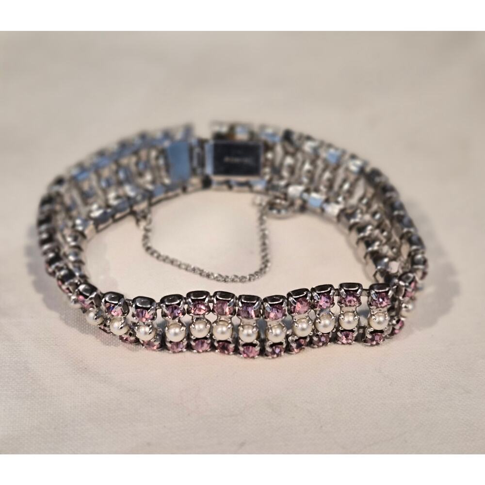 Vintage B. David Pink Rhinestone Faux Pearl 3-Row Coquette Bracelet‎